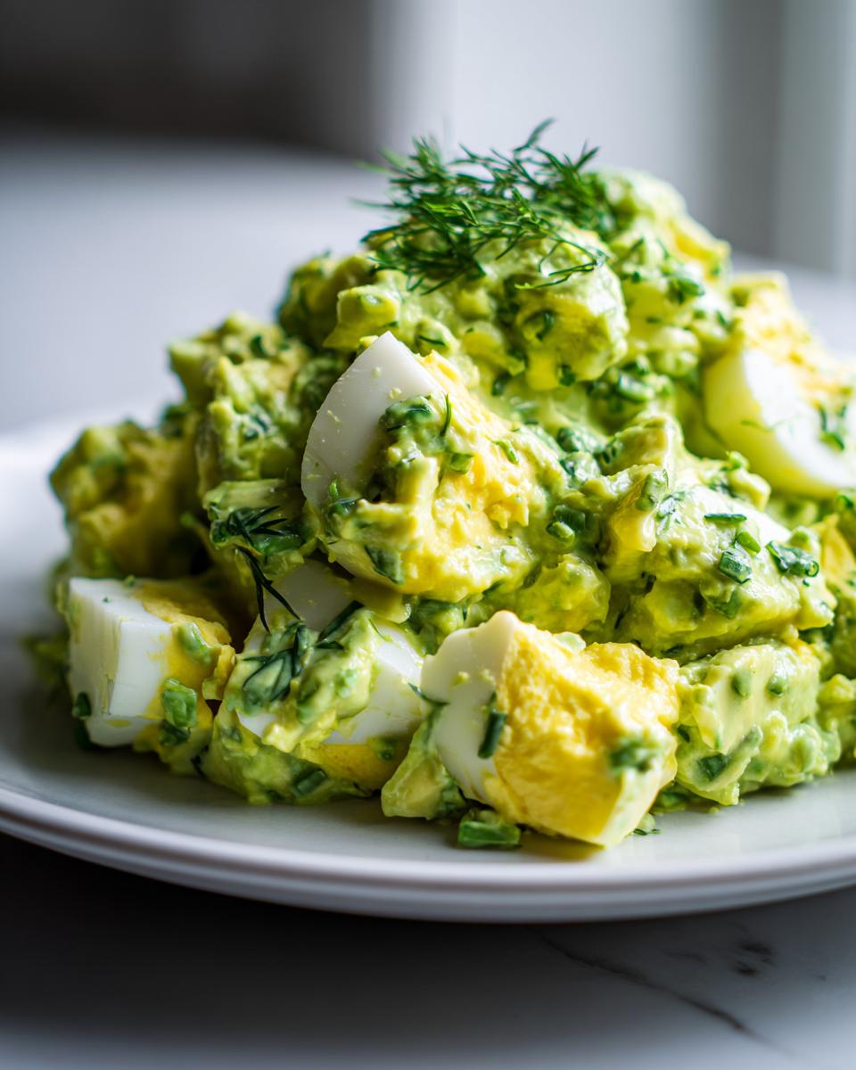 A close-up of a mound of keto avocado egg salad featuring chunks of hard-boiled egg mixed with creamy avocado and herbs, topped with fresh dill.