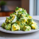 A mound of creamy keto avocado egg salad featuring chunks of avocado and hard-boiled eggs, heavily garnished with fresh dill.