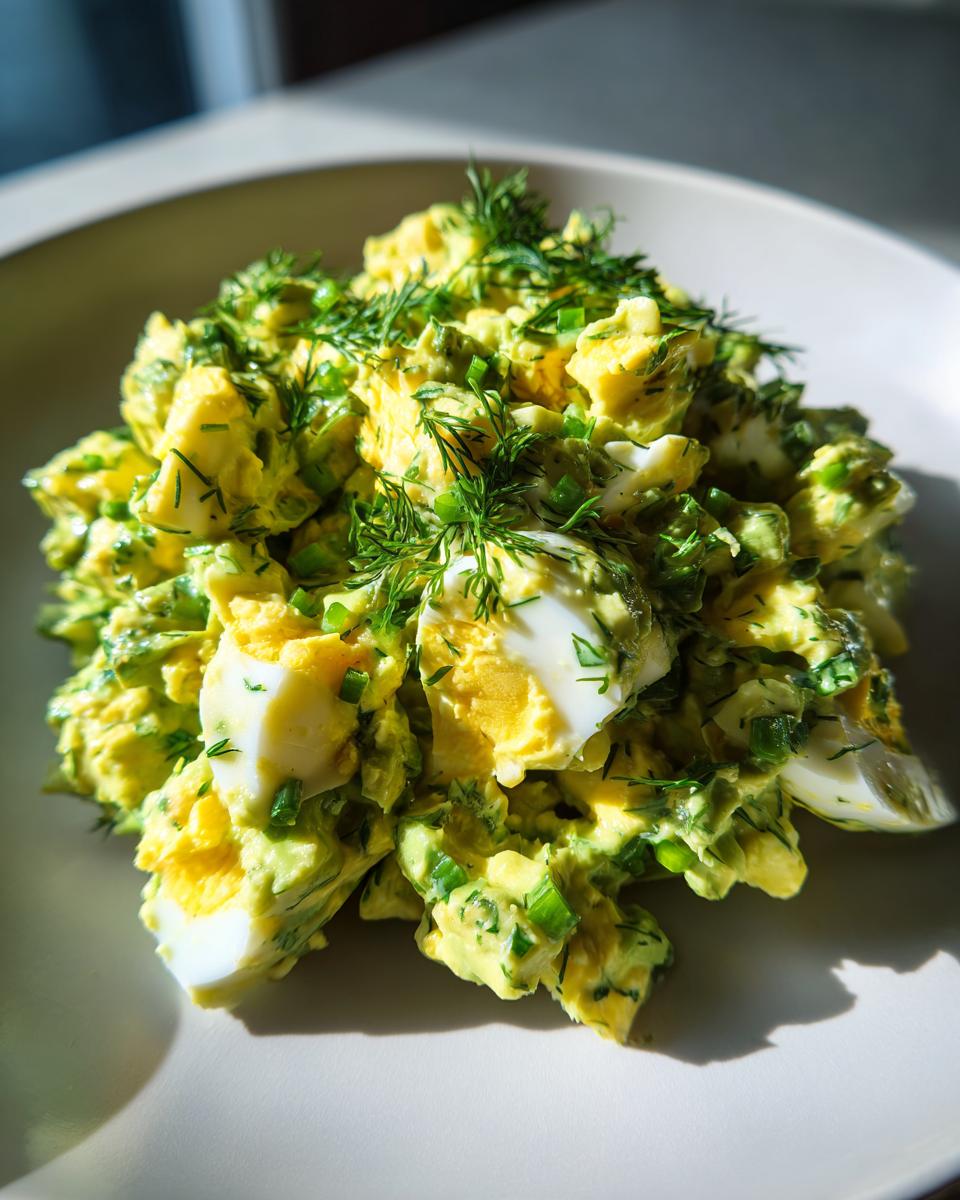 A close-up of bright green keto avocado egg salad, featuring chunks of hard-boiled egg and fresh dill.