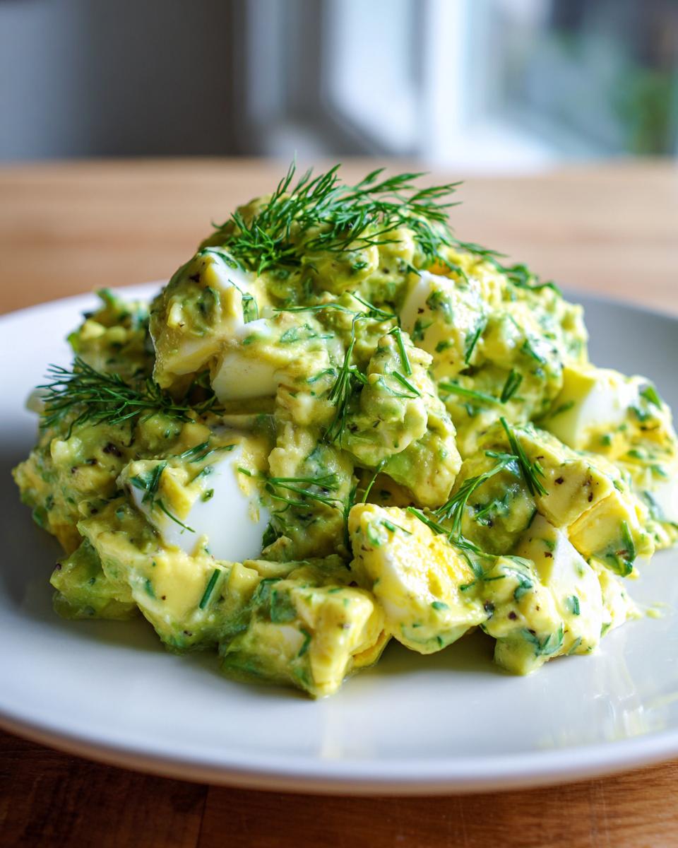 A mound of chunky keto avocado egg salad, featuring visible egg whites and a creamy green avocado dressing, topped with fresh dill.