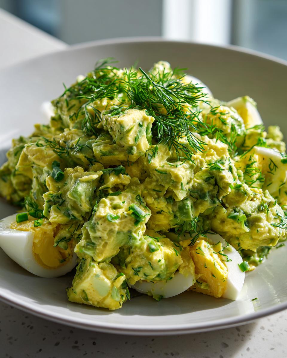 A close-up of creamy keto avocado egg salad mixed with chopped eggs and topped with fresh dill.