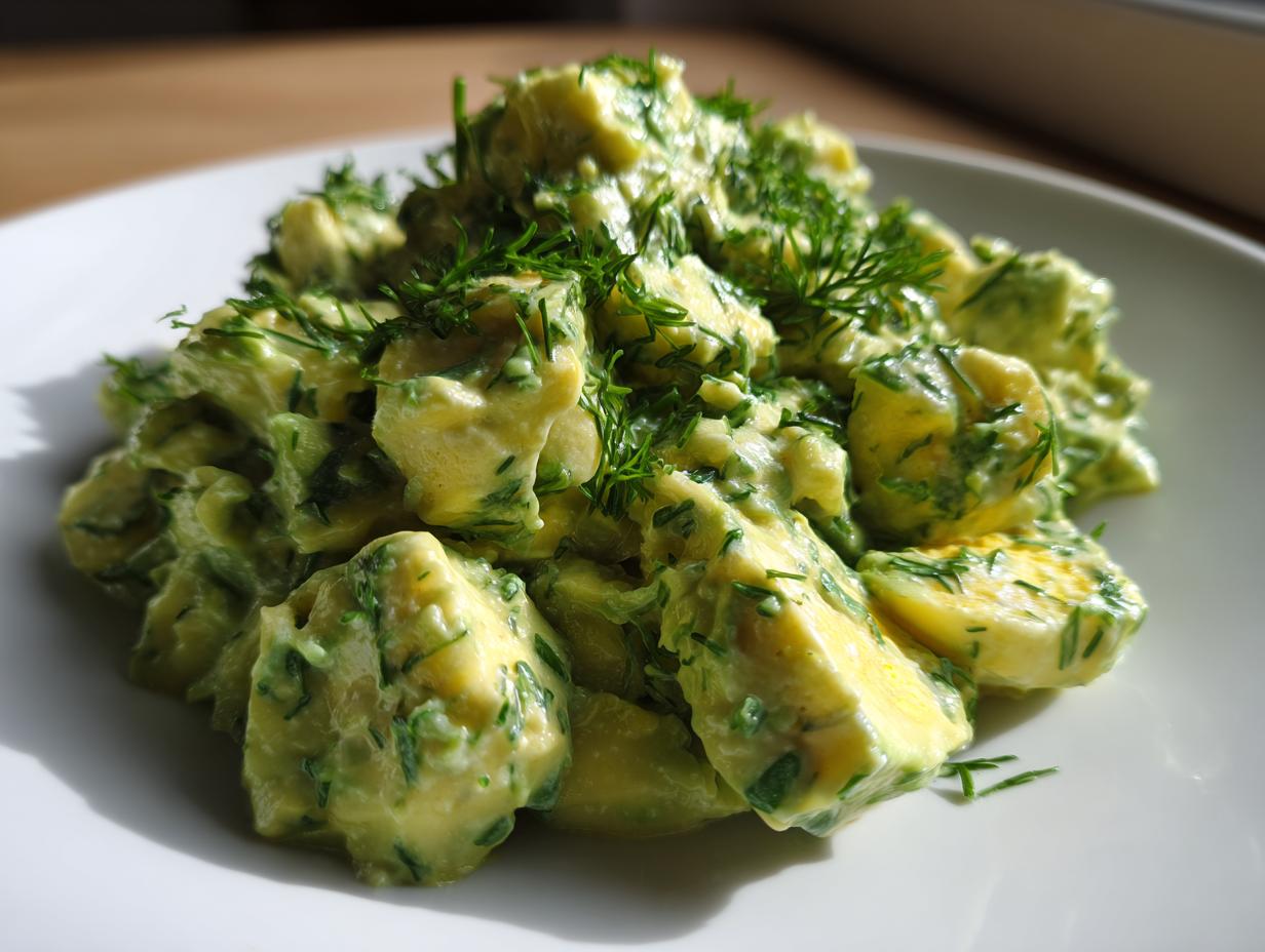 A close-up serving of creamy keto avocado egg salad mixed with chunks of egg and topped generously with fresh dill.