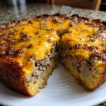 A slice cut from the amazing keto cheeseburger pie, showing a thick layer of seasoned ground beef topped with melted cheddar cheese.