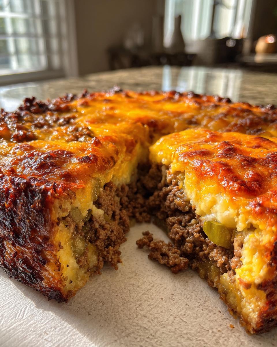 A slice cut out of a baked keto cheeseburger pie, showing the ground beef filling and cheesy topping.