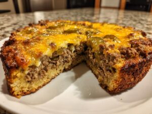 A thick slice removed from a baked keto cheeseburger pie showing layers of crust, ground meat, melted cheese, and jalapeños.