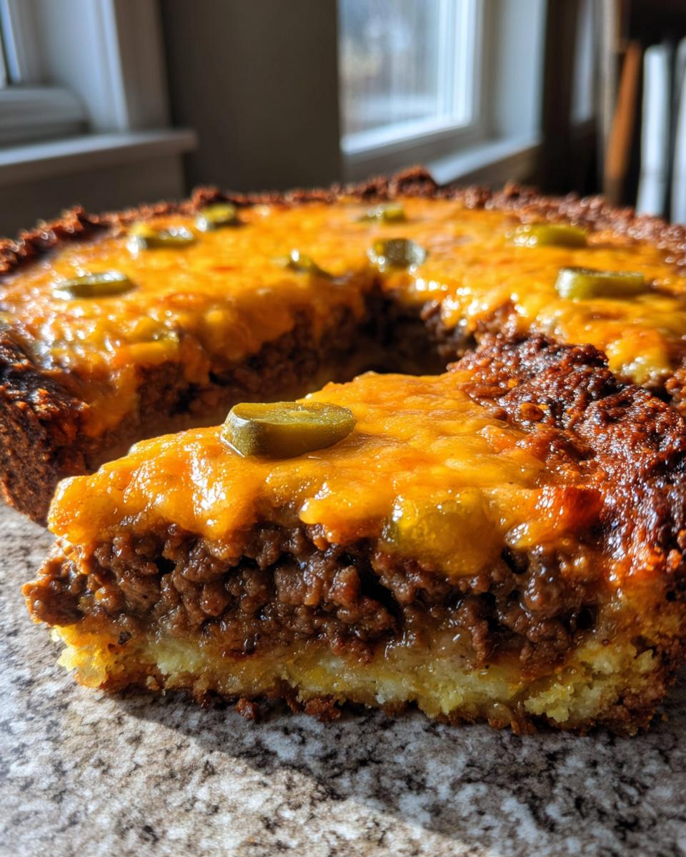 A close-up of a slice of keto cheeseburger pie showing the crust, seasoned ground beef layer, melted cheddar cheese, and jalapeño topping.