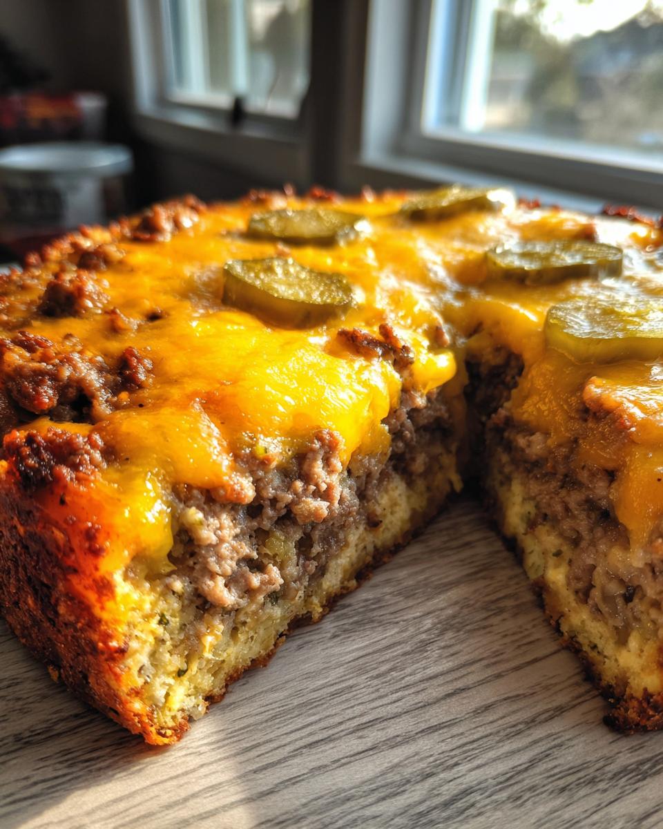 A slice cut from the keto cheeseburger pie showing the crust, meat layer, melted cheese, and pickle topping.