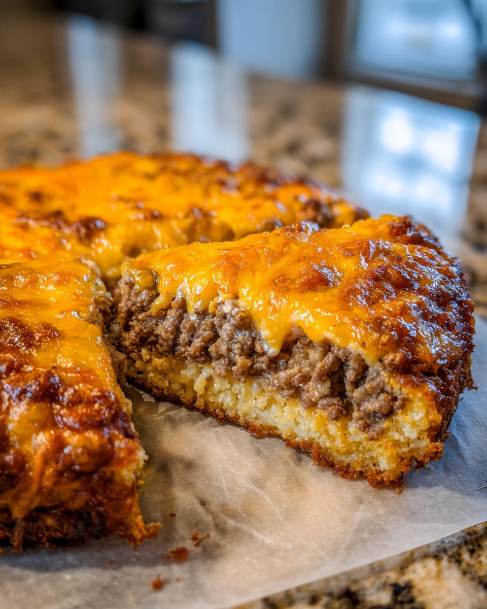 A close-up slice removed from a keto cheeseburger pie showing the ground meat filling and cheesy top.