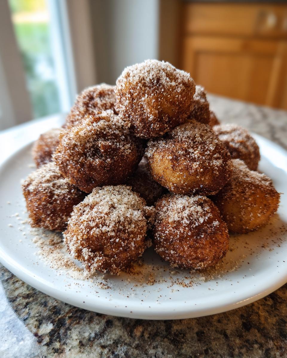 A mound of freshly made keto cinnamon donut holes generously coated in cinnamon sugar, served on a white plate.