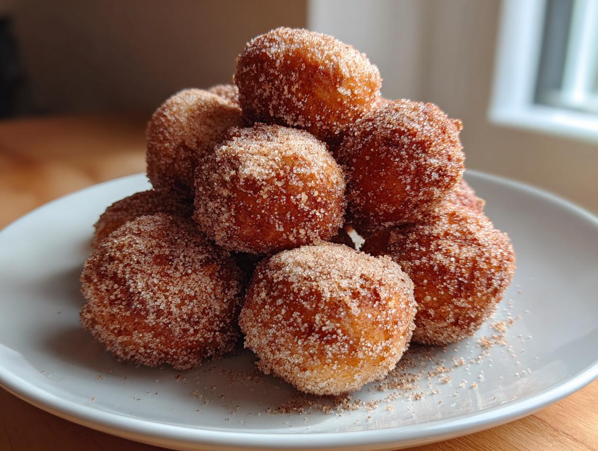 A stack of freshly fried keto cinnamon donut holes heavily coated in cinnamon sugar mixture on a light gray plate.