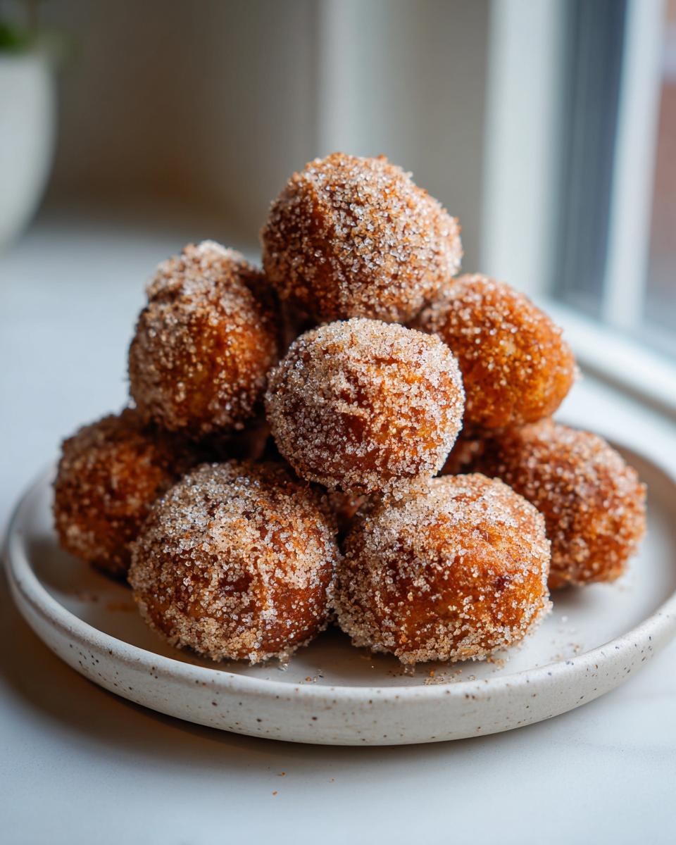 A stack of freshly made keto cinnamon donut holes heavily coated in cinnamon sugar mixture, resting on a speckled white plate.