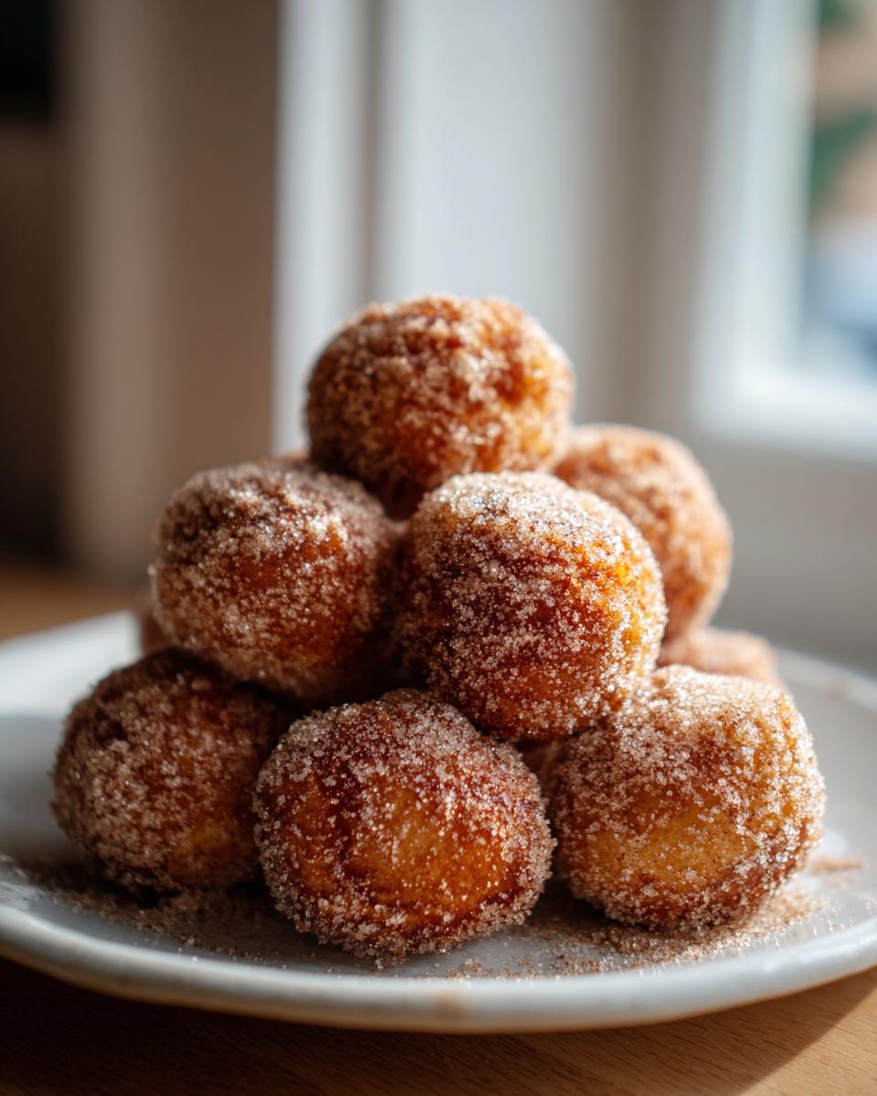 A stack of golden brown keto cinnamon donut holes heavily coated in cinnamon sugar mixture.
