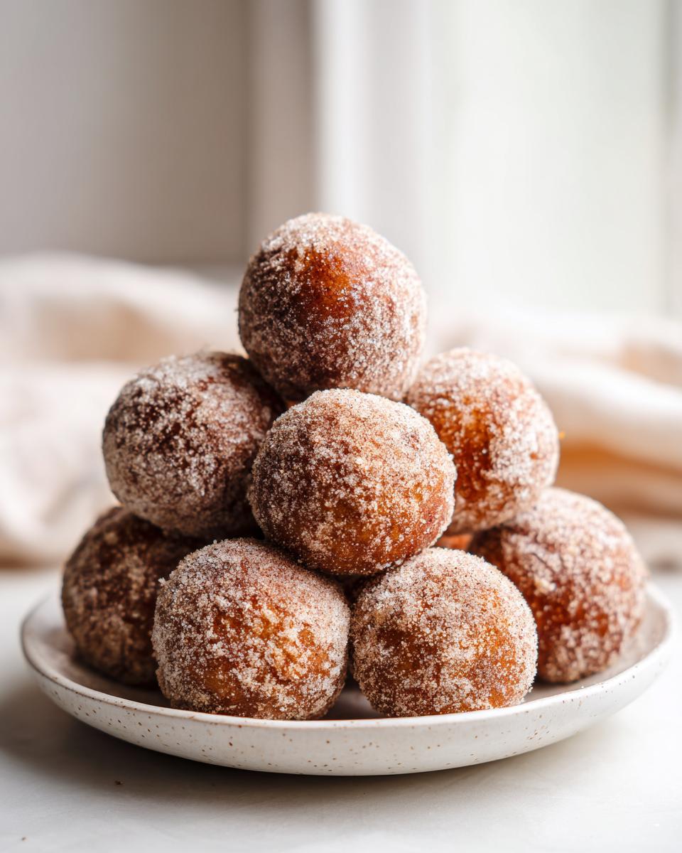 A stack of freshly made keto cinnamon donut holes generously coated in cinnamon sugar, served on a small white plate.
