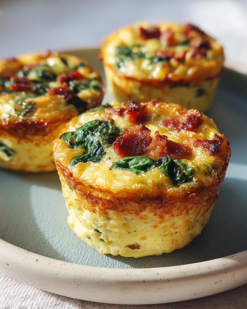 Three golden-brown keto egg bites topped with bacon and spinach served on a light blue plate.