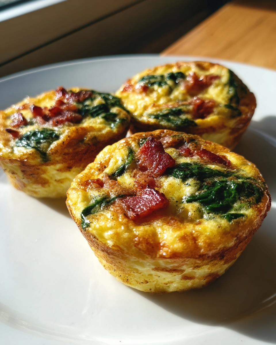 Close-up of three golden brown keto egg bites topped with bacon and spinach on a white plate.