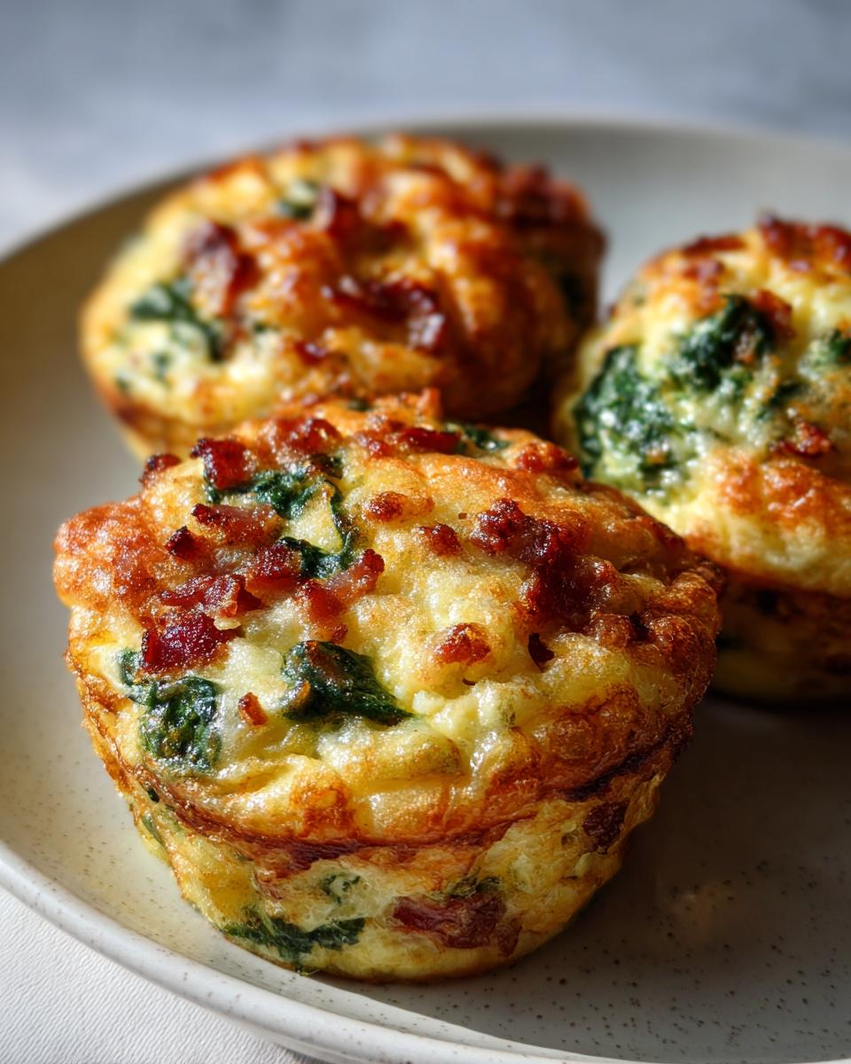 Three golden-brown keto egg bites topped with crispy bacon bits and visible spinach on a light plate.