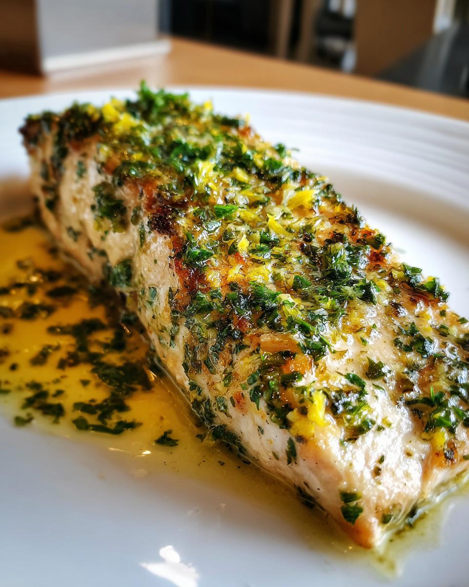 Close-up of a perfectly cooked fish fillet topped with bright green herbs and lemon zest, sitting in lemon garlic butter sauce, ideal for a keto lemon garlic butter dinner.