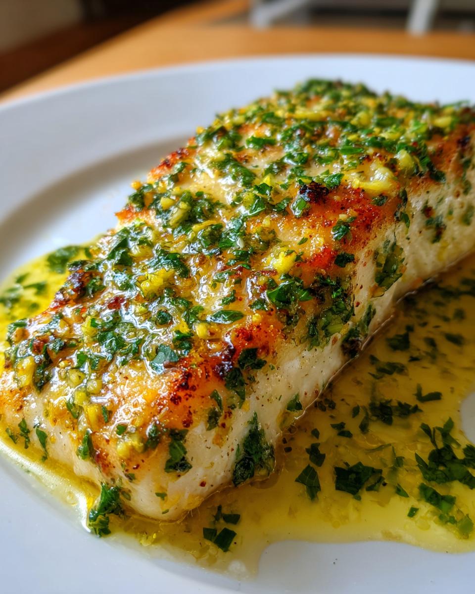 Close-up of a perfectly cooked fish fillet covered in bright keto lemon garlic butter sauce with fresh herbs.