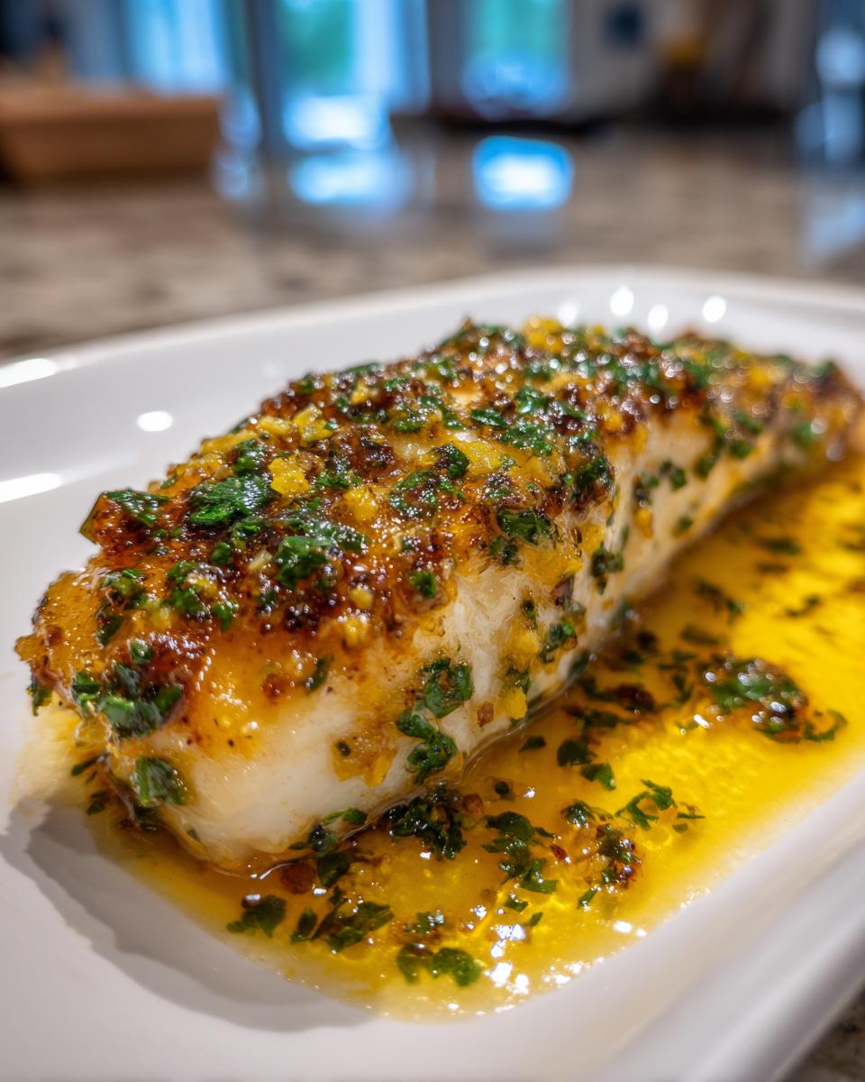 Close-up of a flaky white fish fillet topped with lemon garlic butter sauce and fresh parsley, served as a keto lemon garlic butter dinner.