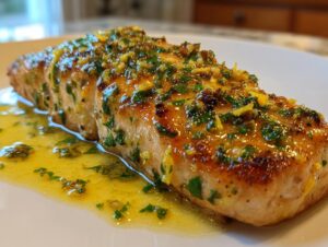 Close-up of a perfectly cooked salmon fillet featuring a rich lemon garlic butter sauce and fresh parsley topping, ideal for a keto lemon garlic butter dinner.