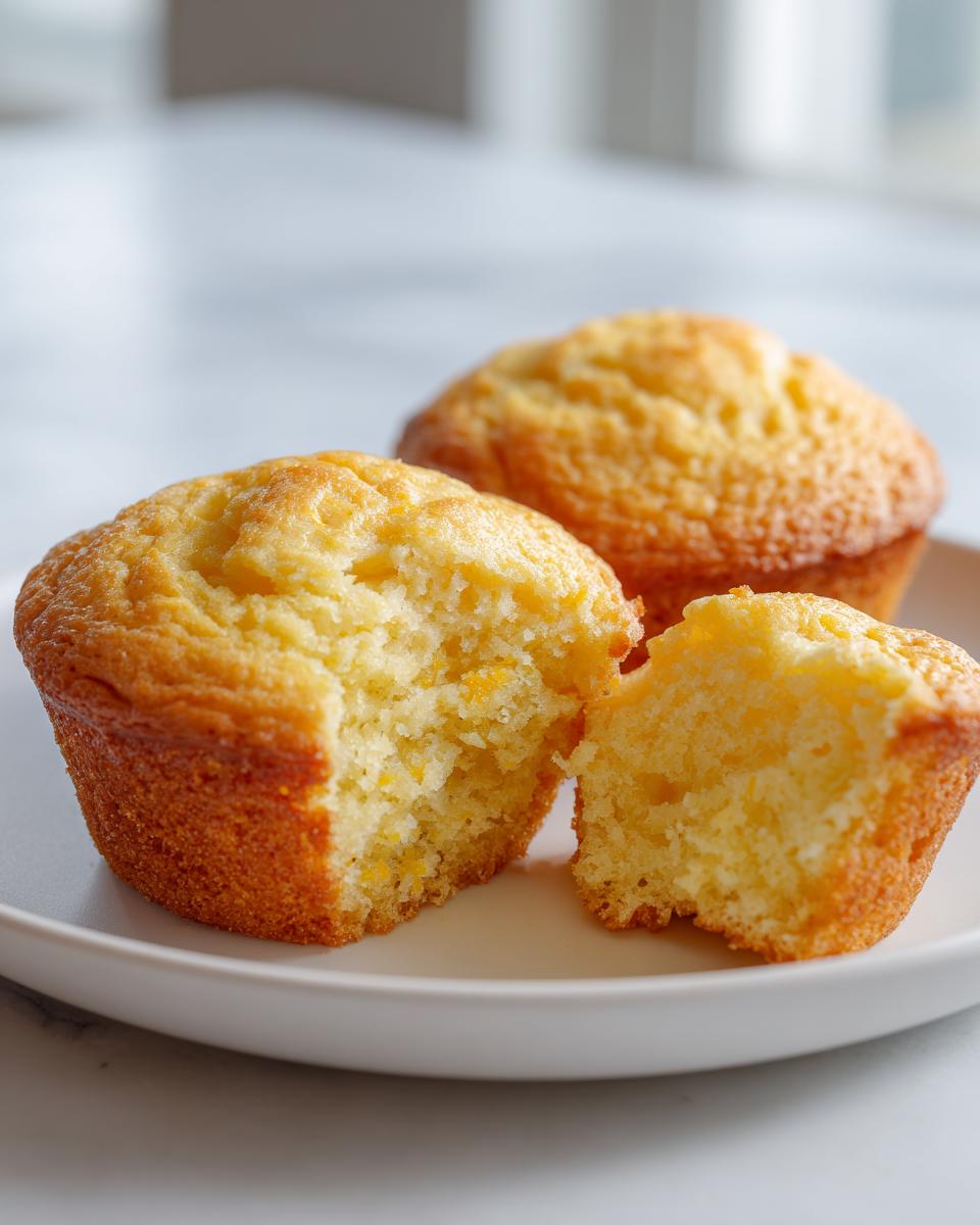 A close-up of two golden-brown keto lemon muffins on a white plate, with one muffin broken in half showing the moist interior.