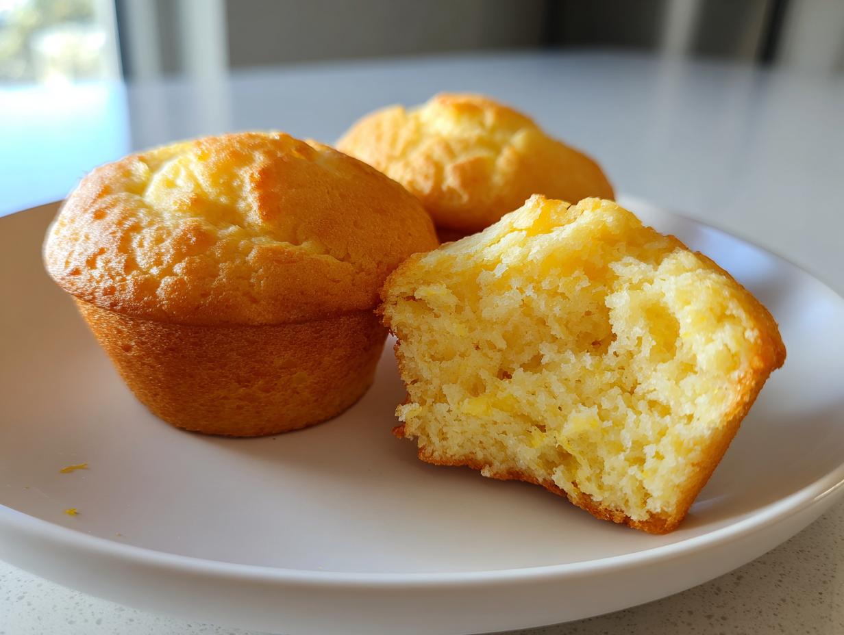 Three golden-brown keto lemon muffins on a white plate, one is broken open to show the moist, yellow crumb.