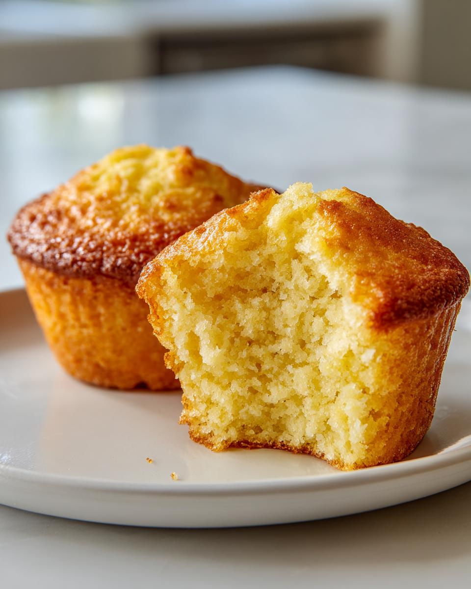 Close-up of a keto lemon muffin broken in half showing the moist, yellow crumb texture.