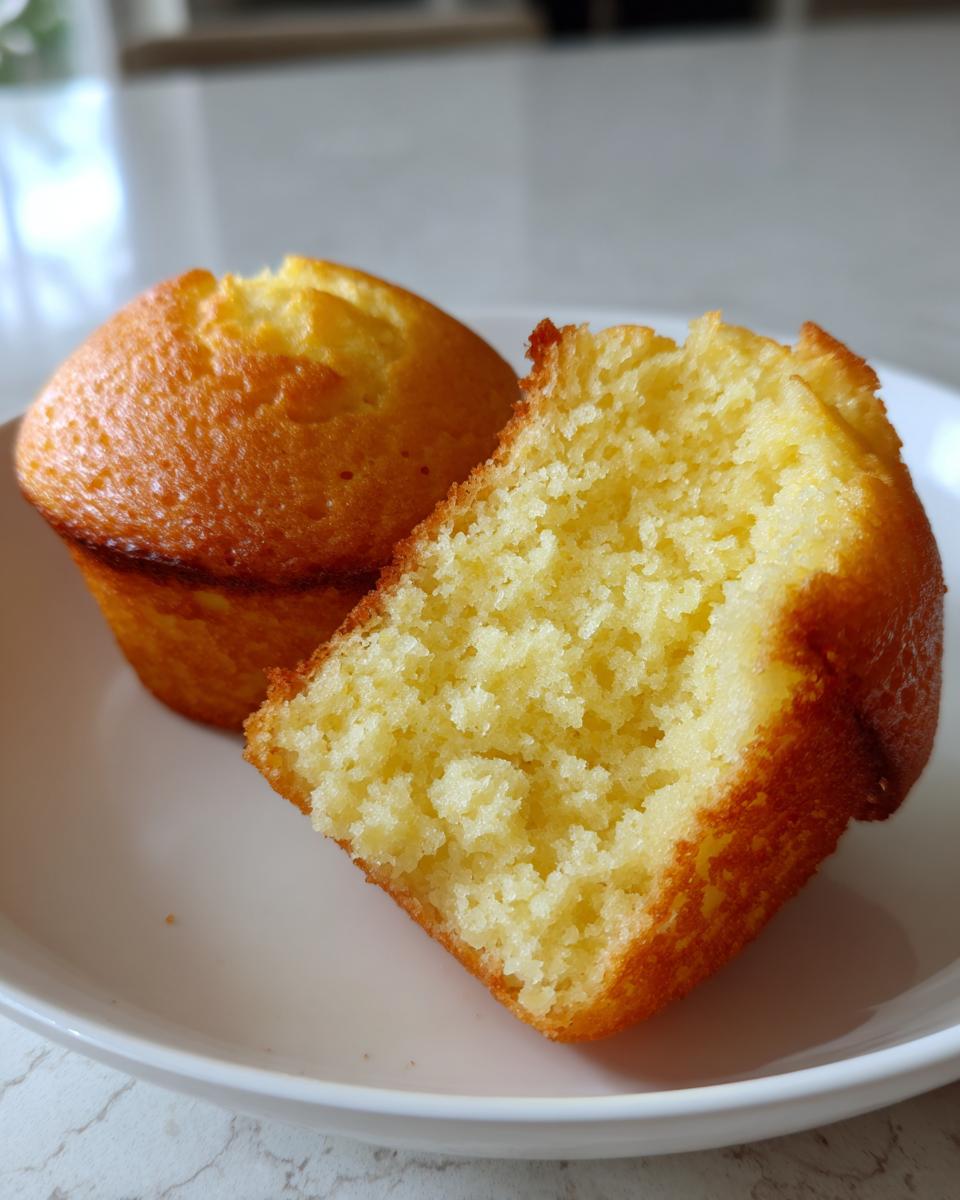 Close-up of one whole and one halved keto lemon muffins showing the moist, yellow crumb texture.