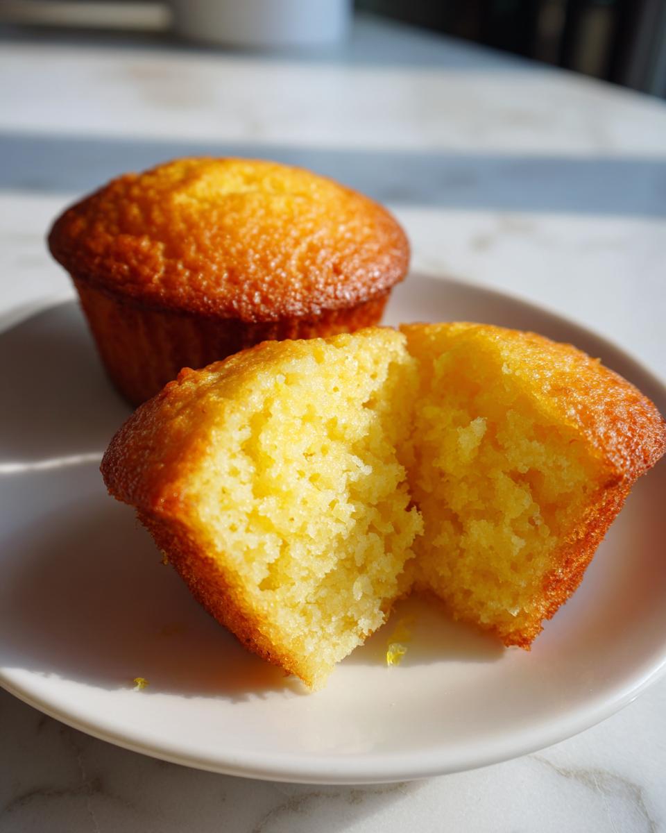 Close-up of keto lemon muffins, one split open showing the bright yellow, moist crumb texture.