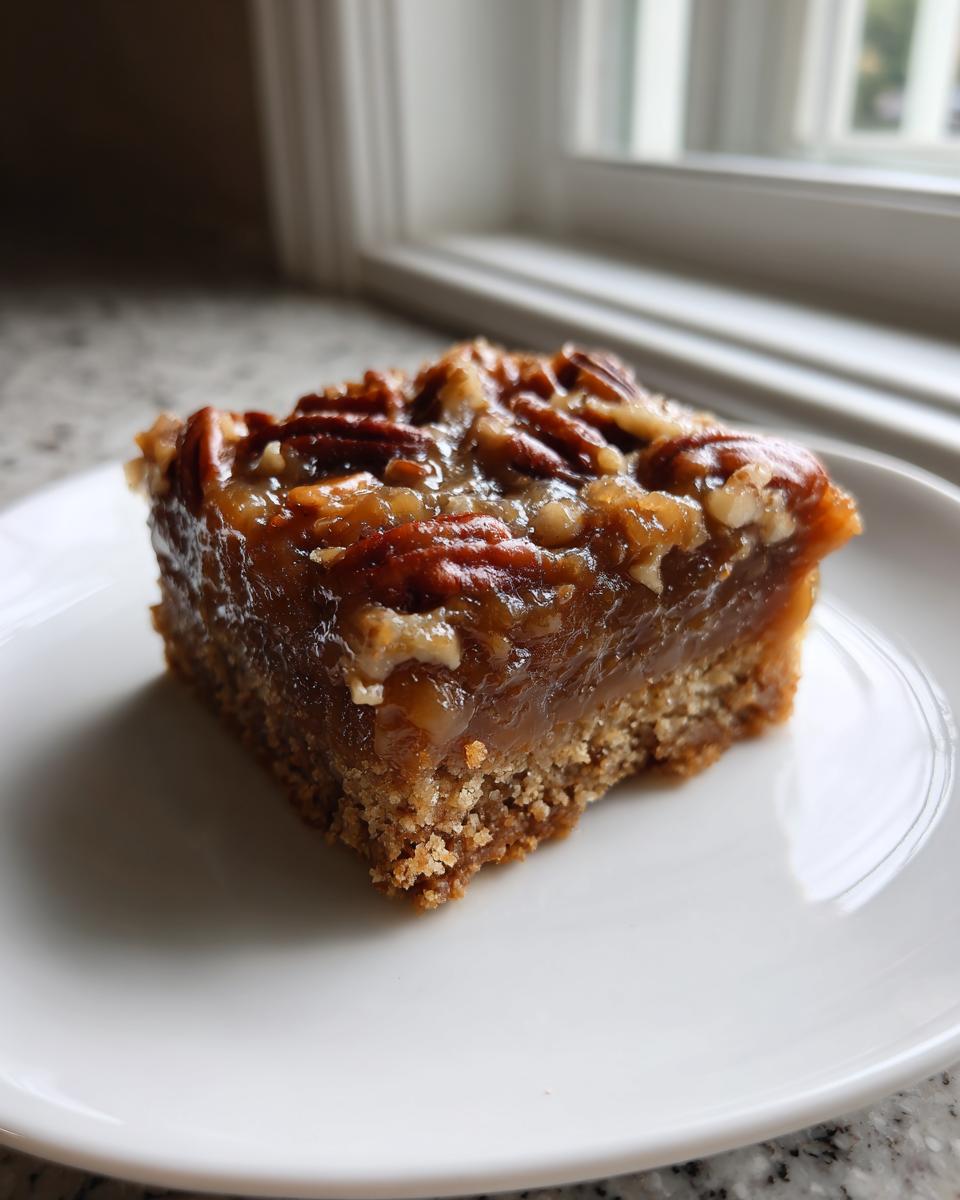 A single, rich keto pecan square recipe bar with a gooey topping and nutty crust on a white plate.