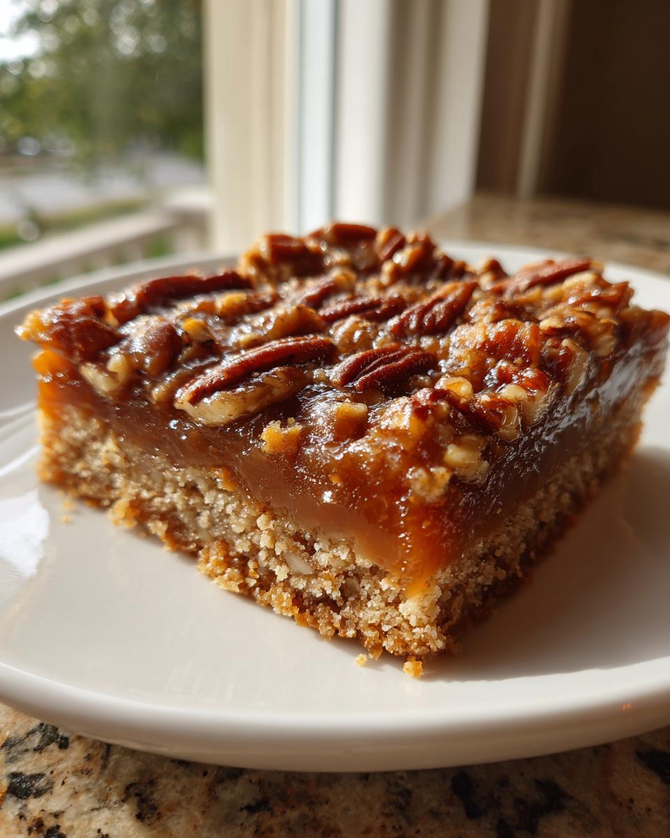 A close-up of one delicious keto pecan square with a gooey topping and nutty crust.