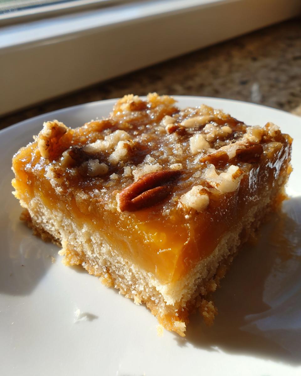 A single serving of a gooey keto pecan square with a thick crust, topped with pecans, sitting on a white plate.