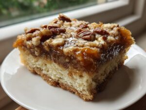 Close-up of a single keto pecan square recipe bar showing a thick, gooey pecan topping over a light crust base.