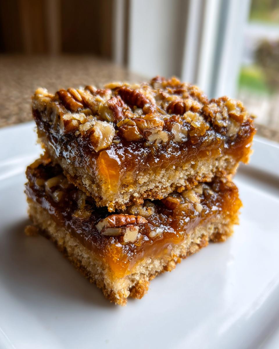 Two stacked keto pecan squares featuring a thick, gooey caramel-like topping studded with pecans over a shortbread base.