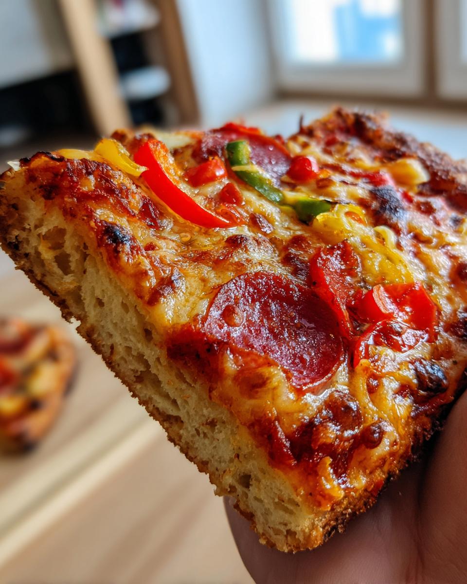 Close-up of a thick slice of keto pizza recipe held up, showing pepperoni, melted cheese, and colorful bell peppers on a fluffy crust.