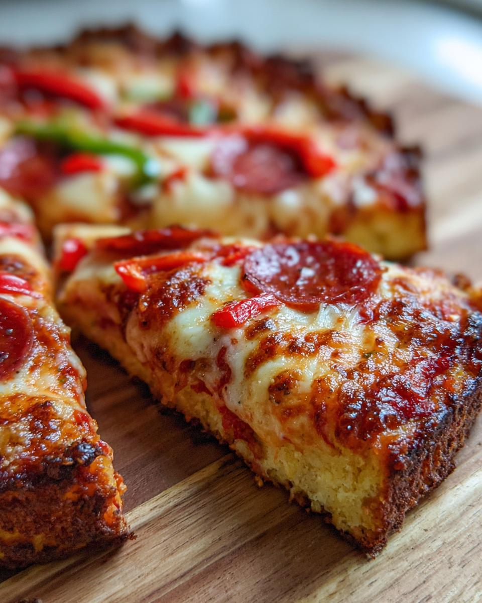 Close-up of a thick slice of keto pizza recipe with melted cheese, pepperoni, and red peppers on a wooden board.