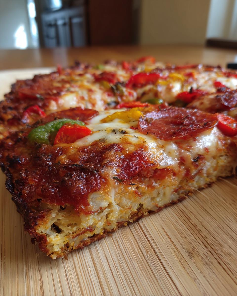 Close-up of a thick slice of keto pizza recipe showing the crust texture, melted cheese, pepperoni, and colorful peppers.