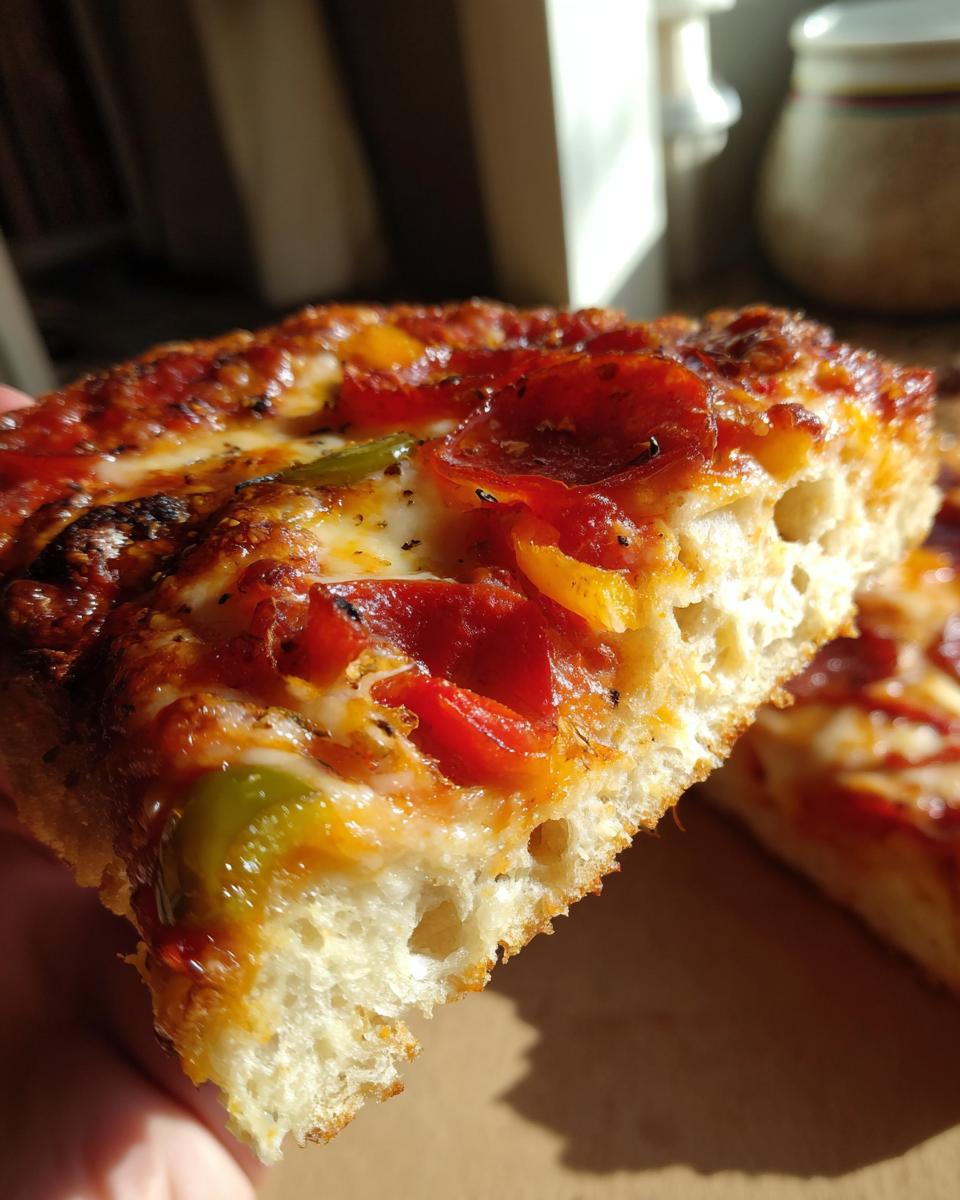 Close-up of a thick slice of keto pizza recipe showing fluffy crust, melted cheese, pepperoni, and peppers.