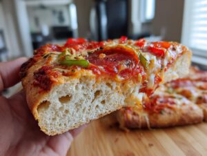 A hand holds up a thick slice of keto pizza recipe showing the fluffy, airy crust, melted cheese, and pepperoni toppings.