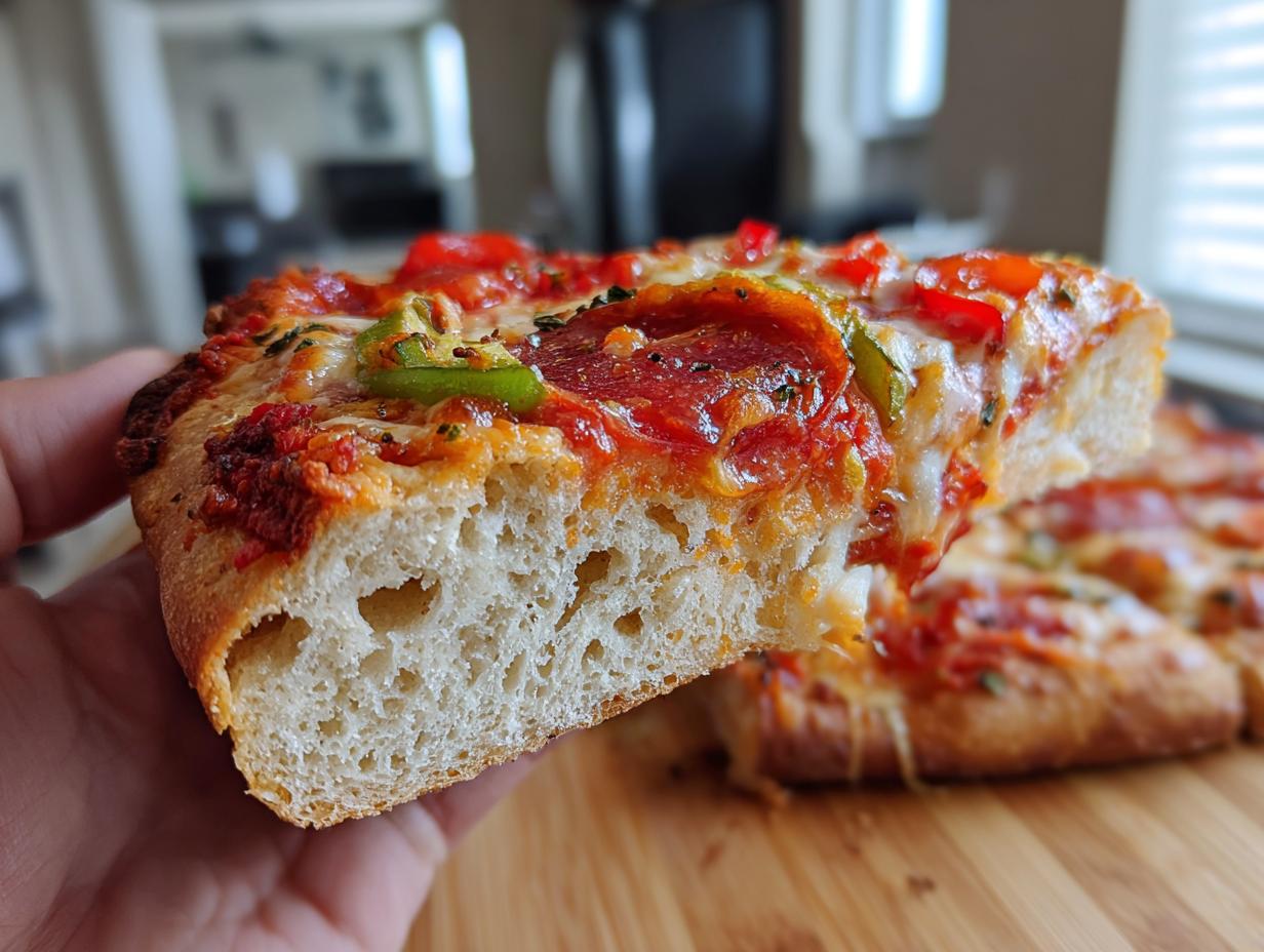 A hand holds up a thick slice of keto pizza recipe showing the fluffy, airy crust, melted cheese, and pepperoni toppings.