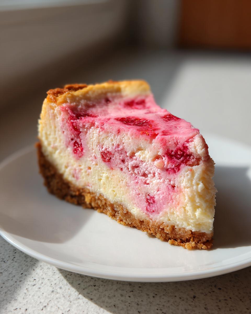 Close-up of a perfect slice of keto strawberry cheesecake showing a thick graham cracker crust and creamy filling swirled with bright pink strawberry puree.