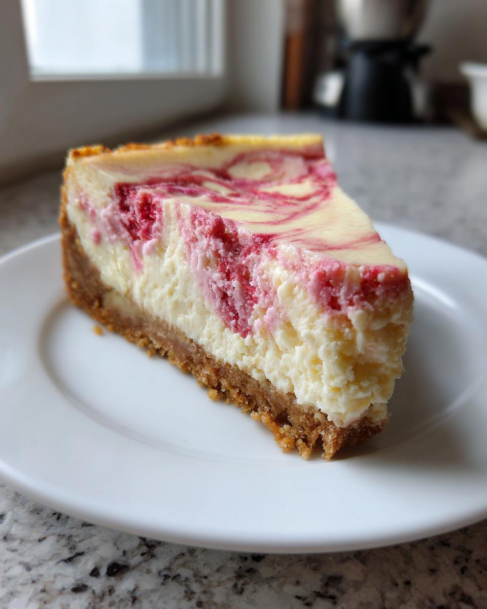 A close-up of a perfect slice of keto strawberry cheesecake with a graham cracker crust on a white plate.