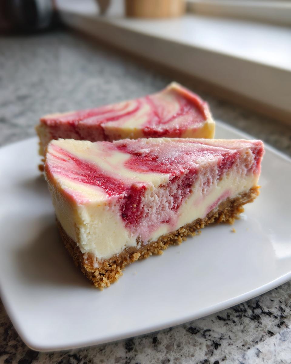 Two slices of rich keto strawberry cheesecake featuring a creamy white filling swirled with bright red strawberry puree, resting on a graham cracker crust.