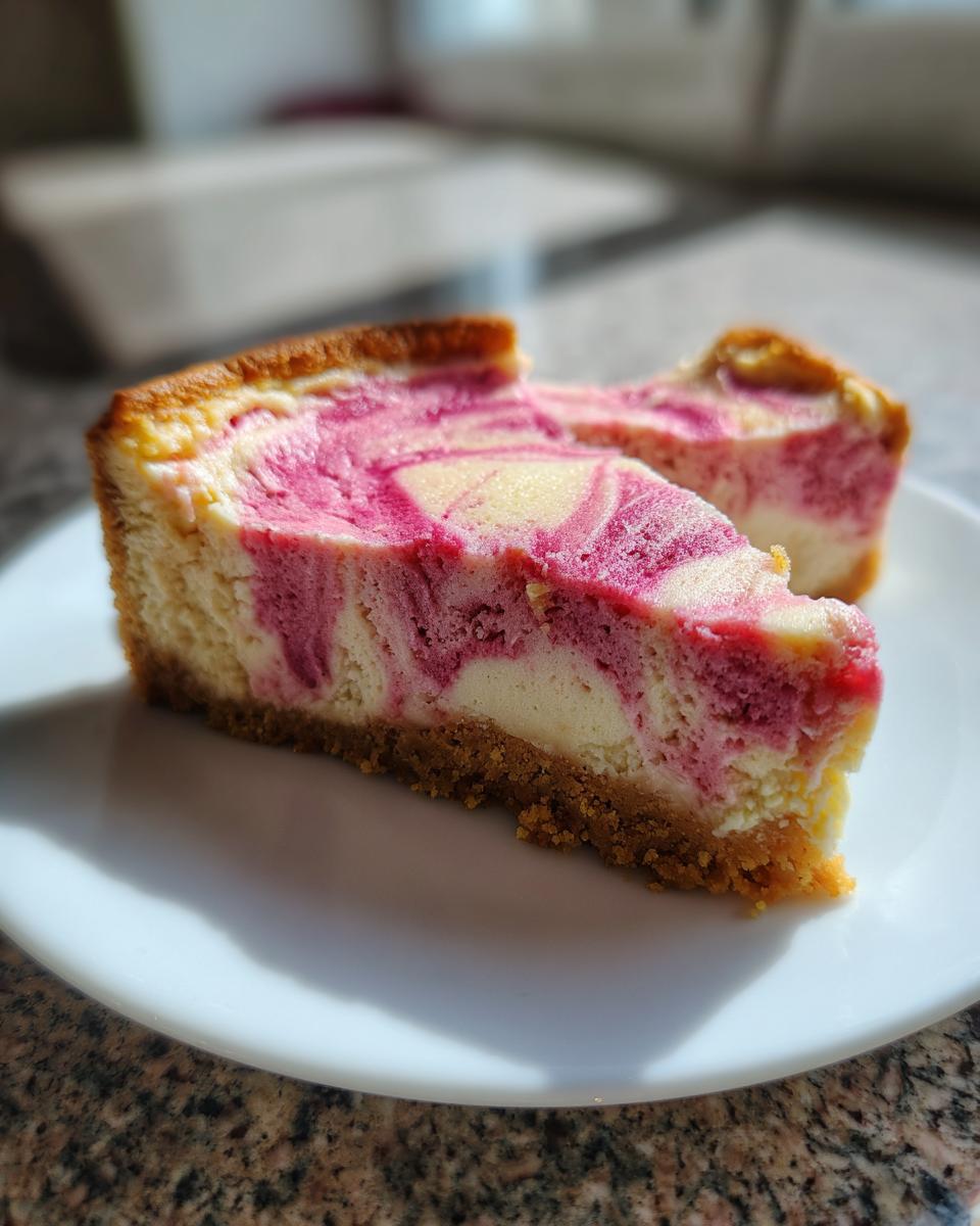 Two slices of keto strawberry cheesecake featuring a vibrant pink and white swirl pattern on a white plate.