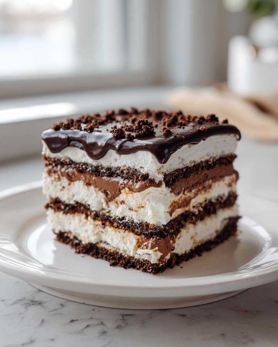 A rich, layered slice of homemade dairy queen ice cream cake featuring chocolate cookie crust, vanilla cream, and chocolate fudge layers.