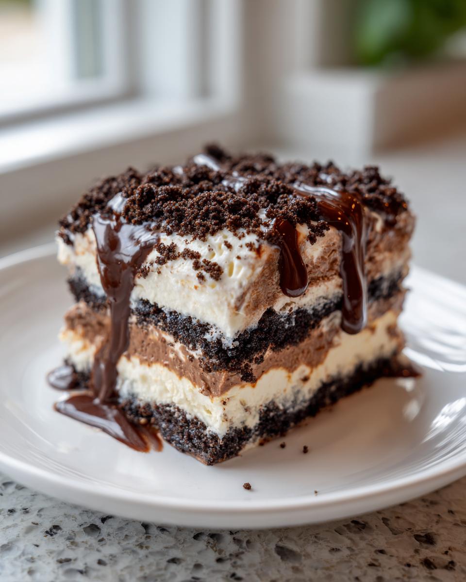 Close-up of a layered slice of homemade dairy queen ice cream cake with chocolate cookie crust, vanilla, and chocolate layers, topped with fudge.
