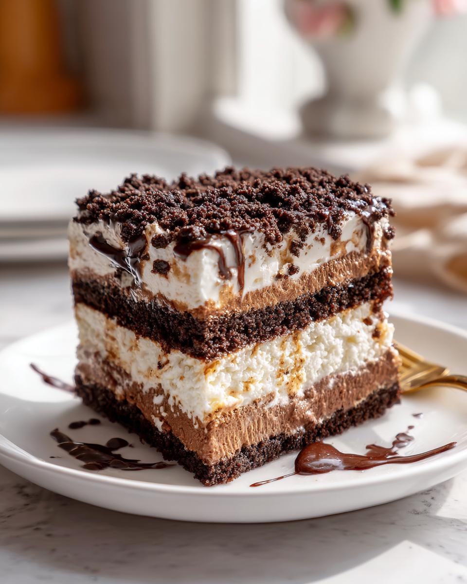 Close-up of a rich, layered slice resembling a dairy queen ice cream cake with chocolate cake, cream, and chocolate crumbles.
