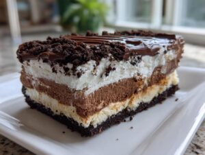 Close-up of a layered slice resembling a dairy queen ice cream cake with chocolate crust, vanilla, chocolate mousse, and whipped topping.