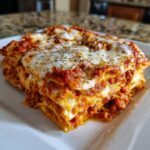 A hearty slice of lazy day crockpot ravioli lasagna layered with cheese and rich tomato sauce.
