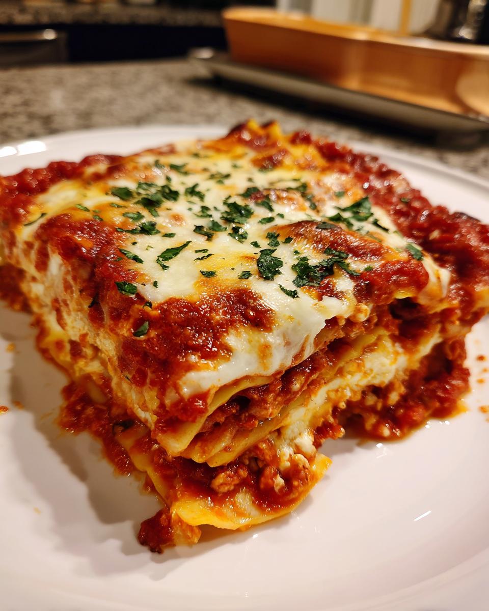 A close-up of a square serving of lazy day crockpot ravioli lasagna topped with melted cheese and parsley.